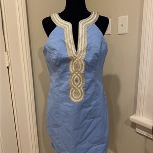 Lilly Pulitzer Light Blue Halter Mini Dress with Gold Trim